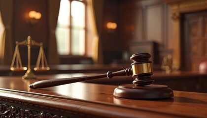 Obraz premium Judge gavel rests on wood desk in court. Scales of justice nearby show legal decision balance. Blurred background suggests trial room. Law order authority symbol.