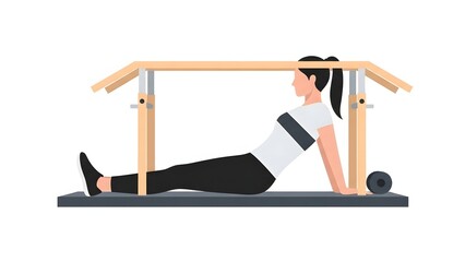 Illustrated woman doing a lower body and core exercise on a fitness machine, focusing on strength and flexibility training for a healthy lifestyle