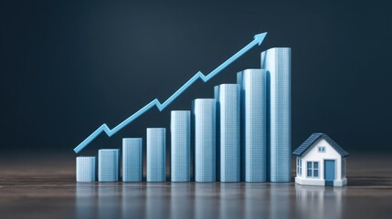 Rising Growth Chart with Blue Bars and Real Estate Icons Showing Positive Market Trends in Property Investment Analysis