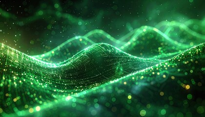 Abstract Green Landscape with Glowing Particles and Wavy Terrain.