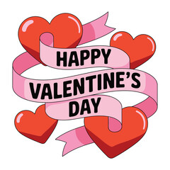 A digital image featuring Valentine's Day theme. The layout features a central pink ribbon banner with the words 'Happy Valentine's Day' in bold, black, capital letters.