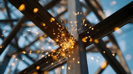 Fototapeta premium Dynamic welding sparks shower a steel structural framework under a clear blue sky highlighting intense industrial activity