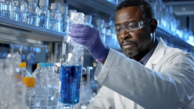 Medium shot of a scientist examining a composite material sample for beryllium replacement in a modern lab environment