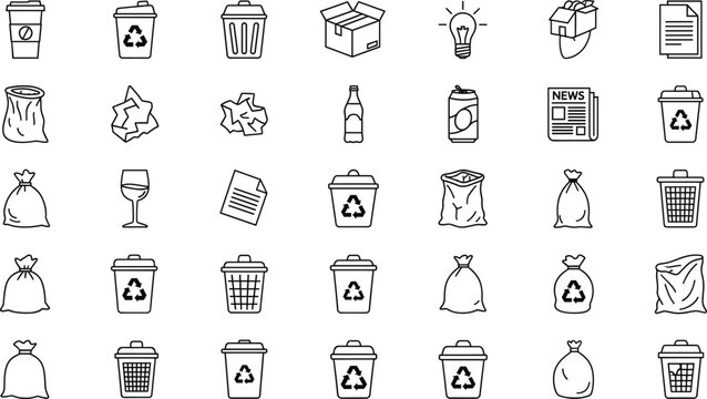 Recycling and waste management outline icon set featuring trash bins, reusable items, sustainability, and eco friendly disposal concepts