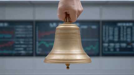 Hand Holding Brass Bell Symbolizing Trading Action on Financial Market Floor with Large Screen Background Displaying Stock Data and Charts