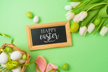 Easter holiday greeting card with chalkboard, easter eggs, basket and white tulip flowers on green background. Top view, flat lay