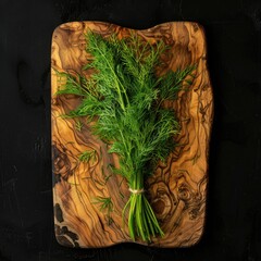 A bunch of fresh dill on a wooden board, fragrant herbs and seasoning.