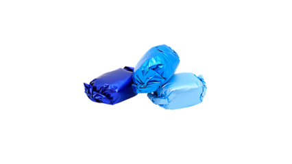 Vibrant blue metallic candy wrapper, showcasing its reflective surface and sweet contents isolated on transparent background.