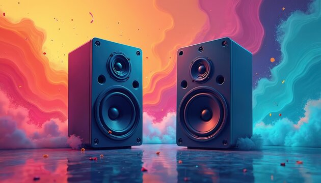 Two audio speakers stand against vibrant abstract background with swirling colors and confetti. One speaker is on left, other on right, facing forward. They are placed on reflective surface.
