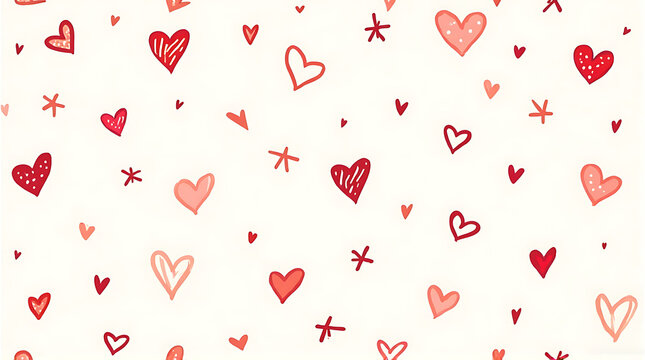 Seamless pattern of hand drawn red hearts on white cream backdrop