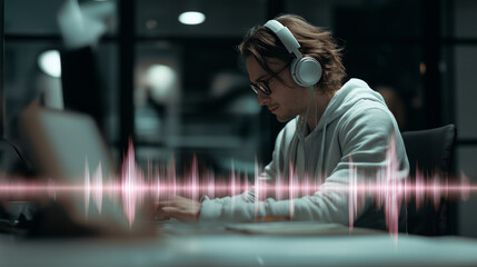 A person in a modern, ergonomic workspace wearing subtle neurofeedback headphones, showing focused concentration with gentle, pulsing light patterns reflecting on the desk, symbolizing mental clarity 