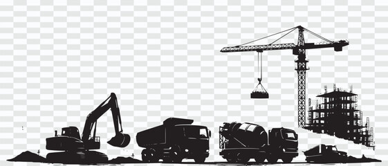 Black and White Construction Site Silhouette with Cranes and Engineers