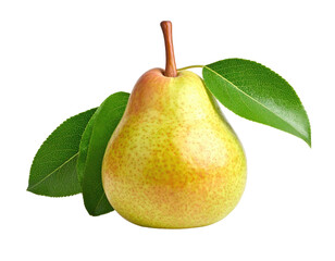 Close-up of a ripe pear with leaves against a black background