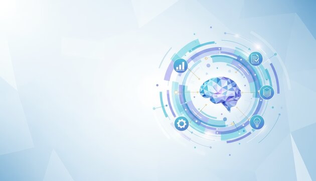 A digital illustration of a brain surrounded by data icons, representing technology, analytics, and artificial intelligence on a light blue background.
