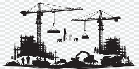 Engineer and Worker Silhouettes at Large Construction Project