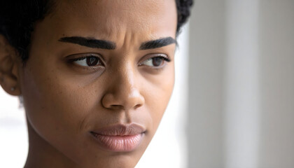 Sad tired young woman close up profile portrait with eyes closed