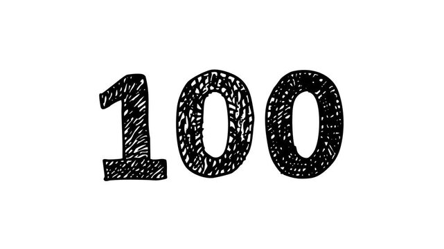 Minimalist artistic doodle of number 100 with textured hatching representing full marks perfection and century achievements for corporate presentations and creative video intros.
