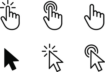 Minimal click touch cursor icons set featuring hand finger tap pointer symbols for user interface web app interaction design vector