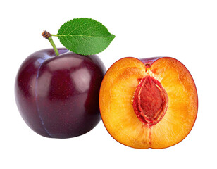A ripe plum displays its deep violet skin next to a plum half, revealing the inner details