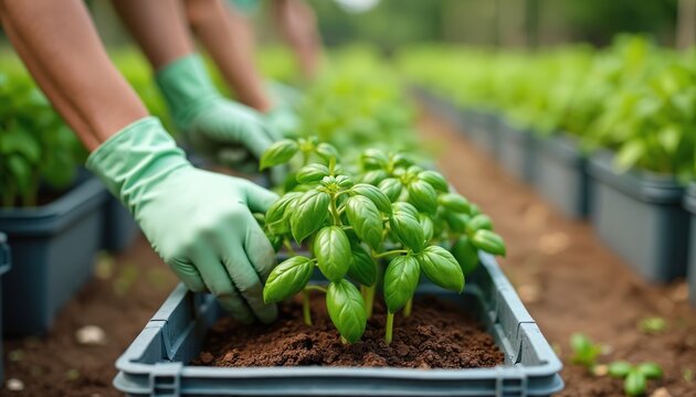 Person wears gloves tending green basil plants in tray. Multiple rows of potted herbs grow in soil, suggesting cultivation, organic farming. Focus on plant care, nurturing new growth for sustainable - Powered by Adobe