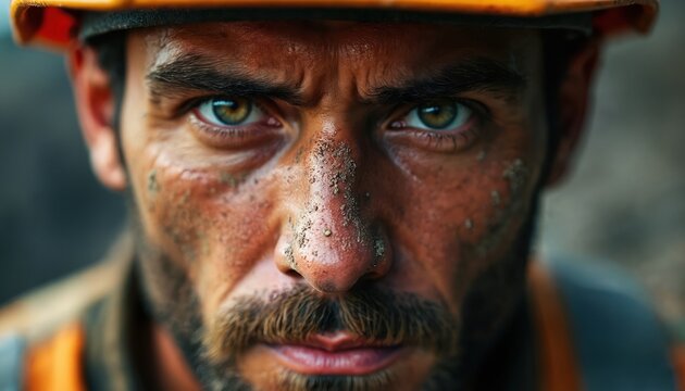 Man with dirt on face wears yellow hard hat. His eyes show great intensity and determination. He works hard in construction, showing rugged human labor. He endures tough conditions outdoors.