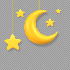 Cute glossy yellow crescent moon with hanging stars in soft 3D style. Dreamy night composition for children designs, baby projects, Ramadan decorations and festive Islamic themes.