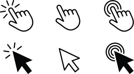 Minimal click touch gesture icons set with hand finger tap and cursor pointer symbols for user interface web app interaction design