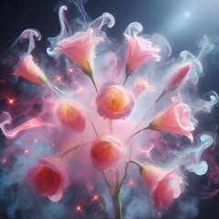 Elegant pink roses with swirling smoke in a dreamy atmosphere  