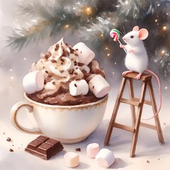 Cute mouse holding candy cane while standing on ladder by mug of hot cocoa  