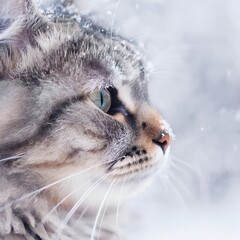 Tabby cat looking outside with snowflakes on its fur in winter  