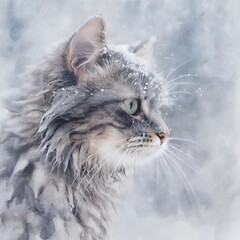 Grey cat with snowflakes on fur in a winter landscape  