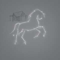 Constellation of a horse symbolizing strength beside a simple cabin  