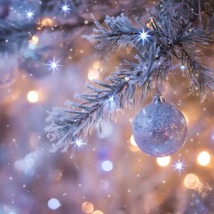 Frosted Christmas tree branch with silver ornament and lights  