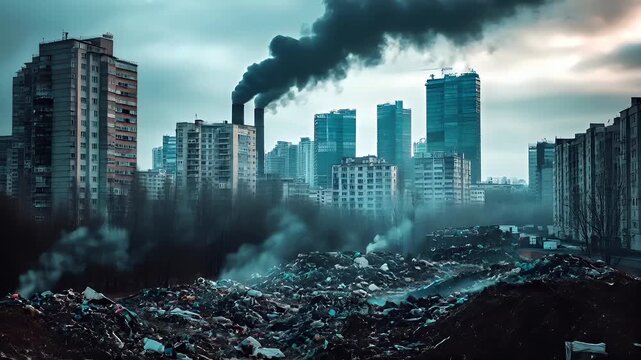 Recycling. Environment conservation. Waste management. A highrise building with a red and white facade, set against a backdrop of a cloudy sky. The buildings design is modern.