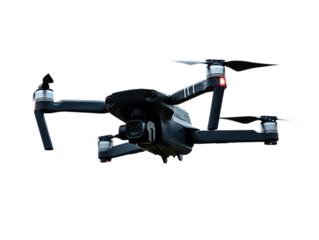 A sleek black professional drone with a high-resolution camera for aerial photography and videography isolated on transparent background