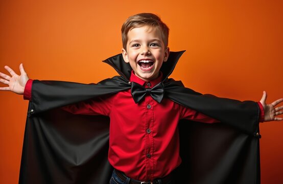 Happy young boy dressed as a vampire opens his arms wide. He wears a red shirt and black cape for Halloween fun. This cheerful child is ready for trick or treating adventures. - Powered by Adobe