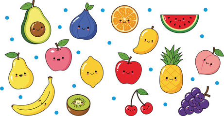 Cute smiling fruit characters vector set with avocado apple banana pineapple watermelon and berries illustrations