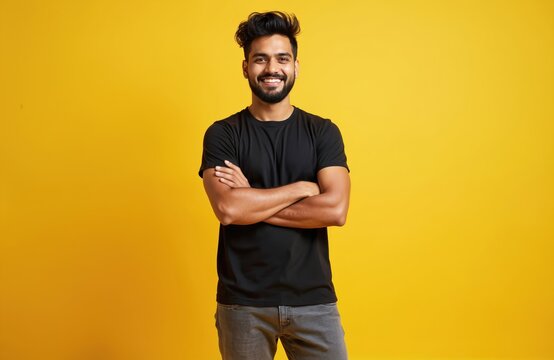Young Indian man wears black t-shirt and grey pants. He stands with arms crossed, smiling at camera on yellow background. Confident adult poses in studio.