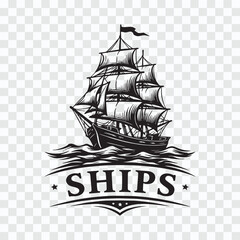 Vintage Sailing Ship Logo in Black and White Emblem Style