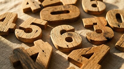 Wooden numbers scattered on a sandy surface, captured from a high angle, wooden numeral texture