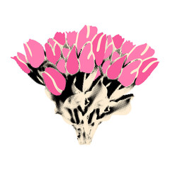 Spring flowers cut out element, floral sticker for collage and scrapbook. Halftone tulips bouquet with vintage dot texture and pink doodles. Modern retro grunge mixed media vector illustration