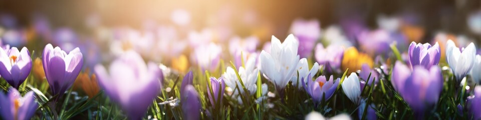 Fototapeta premium Vibrant field of purple and white crocus flowers in sunlight
