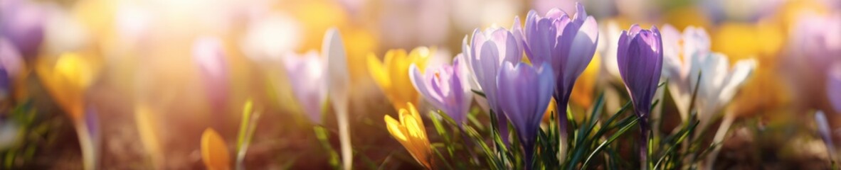 Fototapeta premium Vibrant spring crocuses blooming in sunlit garden
