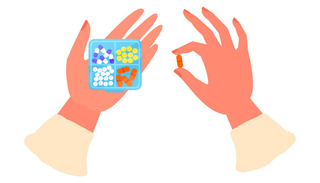 Illustration of hands taking medicine. Hand holds weekly pill organizer with colorful pills. Vector illustration for health and wellness concepts.