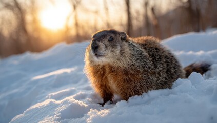 Obraz premium Curious groundhog in snowy landscape at sunrise