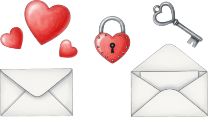 A watercolor illustration featuring various romantic symbols including red hearts a heart shaped padlock a silver key and open and closed white envelopes love romance valentine