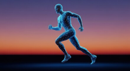 Digital human figure running against a sunset