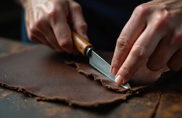Close-up on artisan hands carefully cutting dark brown genuine leather with a sharp knife. Skilled craftsman shapes material in workshop creating handmade items. Precision work for bespoke goods.
