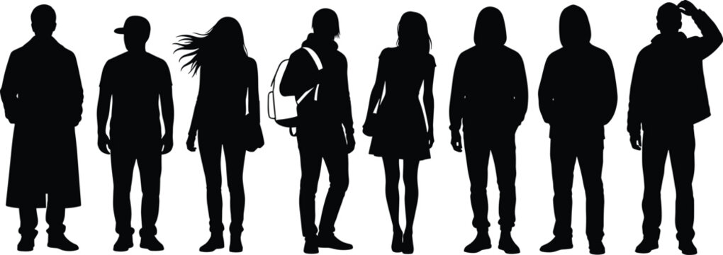 Set of diverse young people silhouettes standing in a row, urban street fashion, casual outfits, teenage crowd, community group, modern life vector illustration. (23 words)