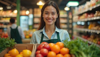 Young smiling woman works as a grocery cashier in a supermarket. She wears a green apron over a light blue shirt. Fresh fruits and vegetables are visible in wooden crates at the forefront.